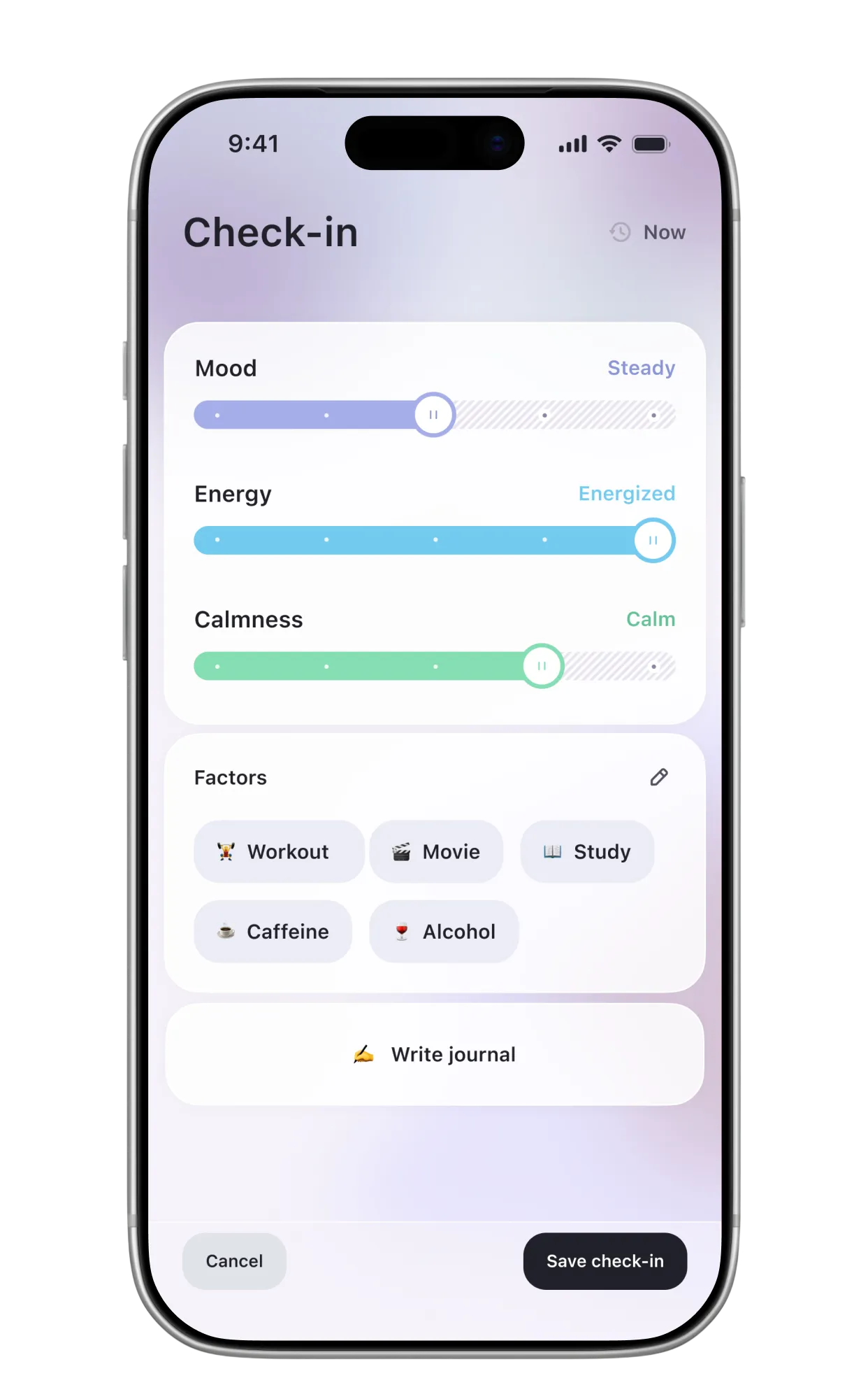 Well check-in screen with Mood, Energy and Calmness sliders