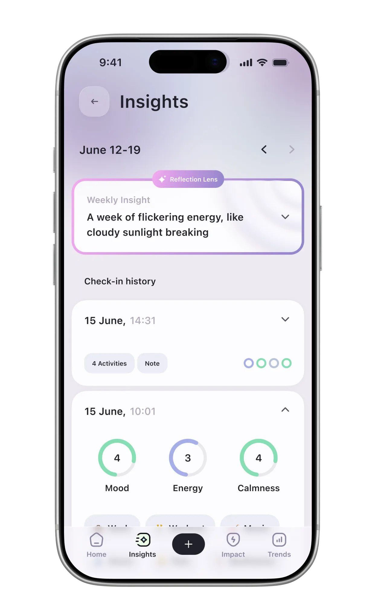 Weekly Reflection Lens insight above check-in history in Well